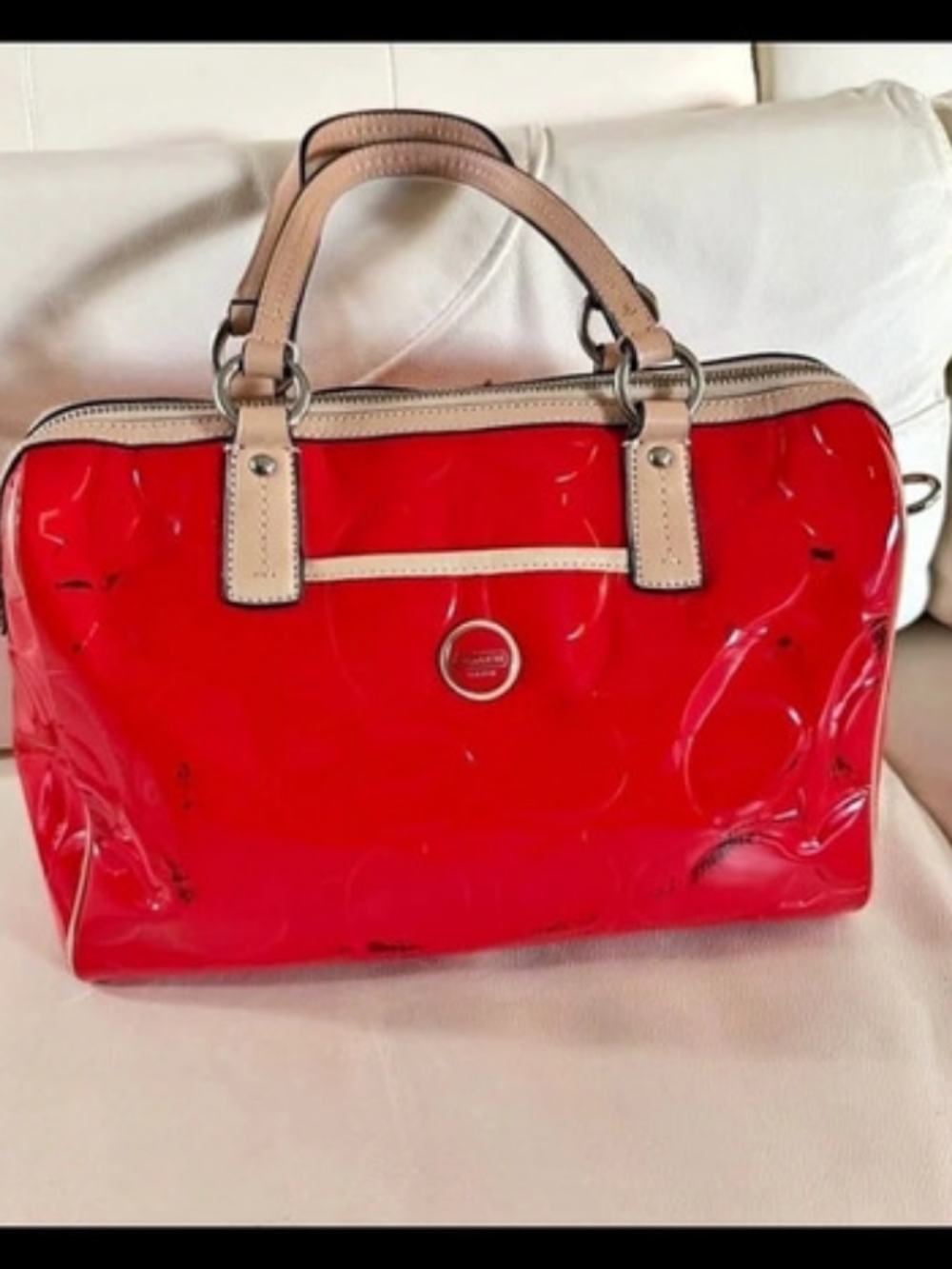 Coach Signature Embossed Peyton Patent Satchel Patent Satchel in Red